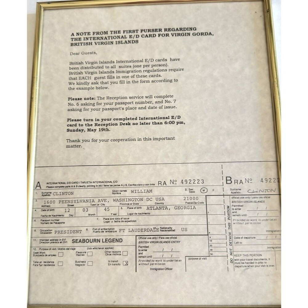 Bill Clinton President TV Prop Framed Immigration Card British Virgin Islands